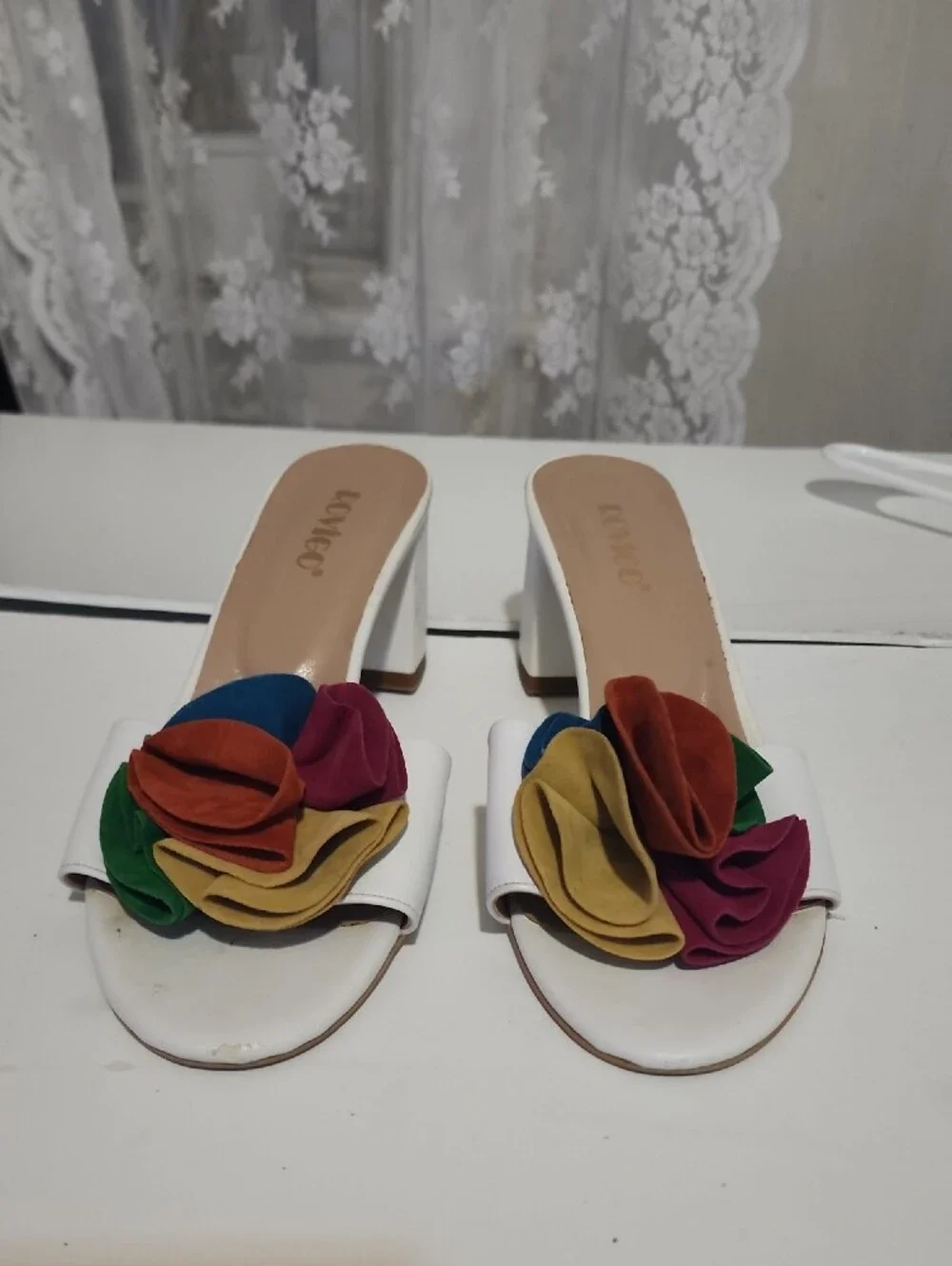 White Heeled Slide Sandals with Multicolor Floral Accent
